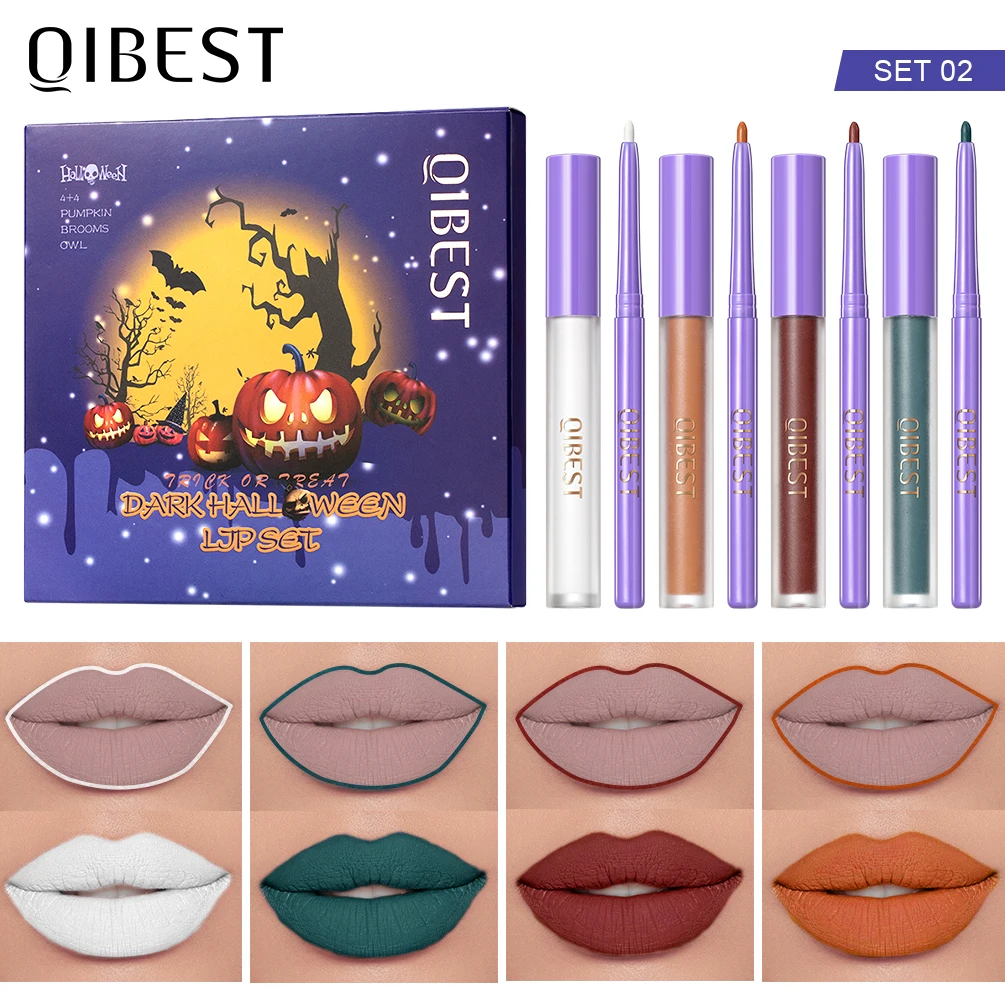 

4 Matte Liquid Lipstick With 4 Lipliner Set Long-Lasting Non-Stick Cup Not Fade Waterproof High Pigmented Lipgloss Halloween Kit