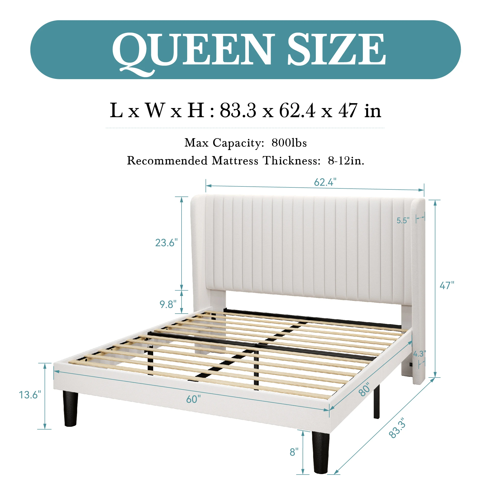 HOOMIC Velvet Upholstered Bed Frame, Vertical Channel Tufted Wingback Headboard, Wooden Slats Support Allewie 6