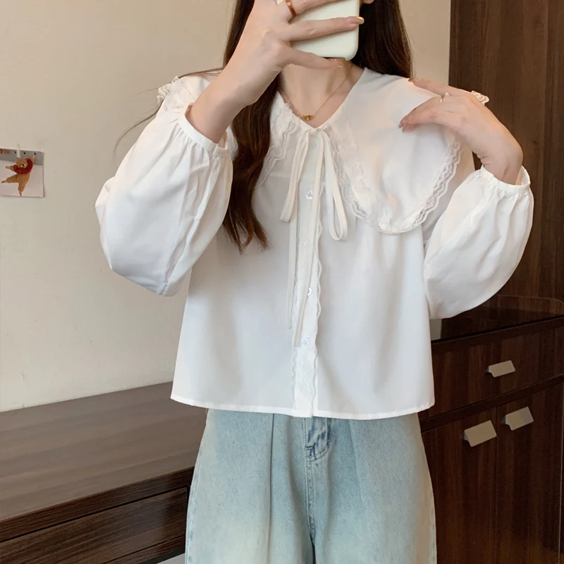 

Spring Autumn New Solid Color Fashion Long Sleeve Shirt Women Doll Collar High Street Button Cardigan Cotton Bow All-match Tops