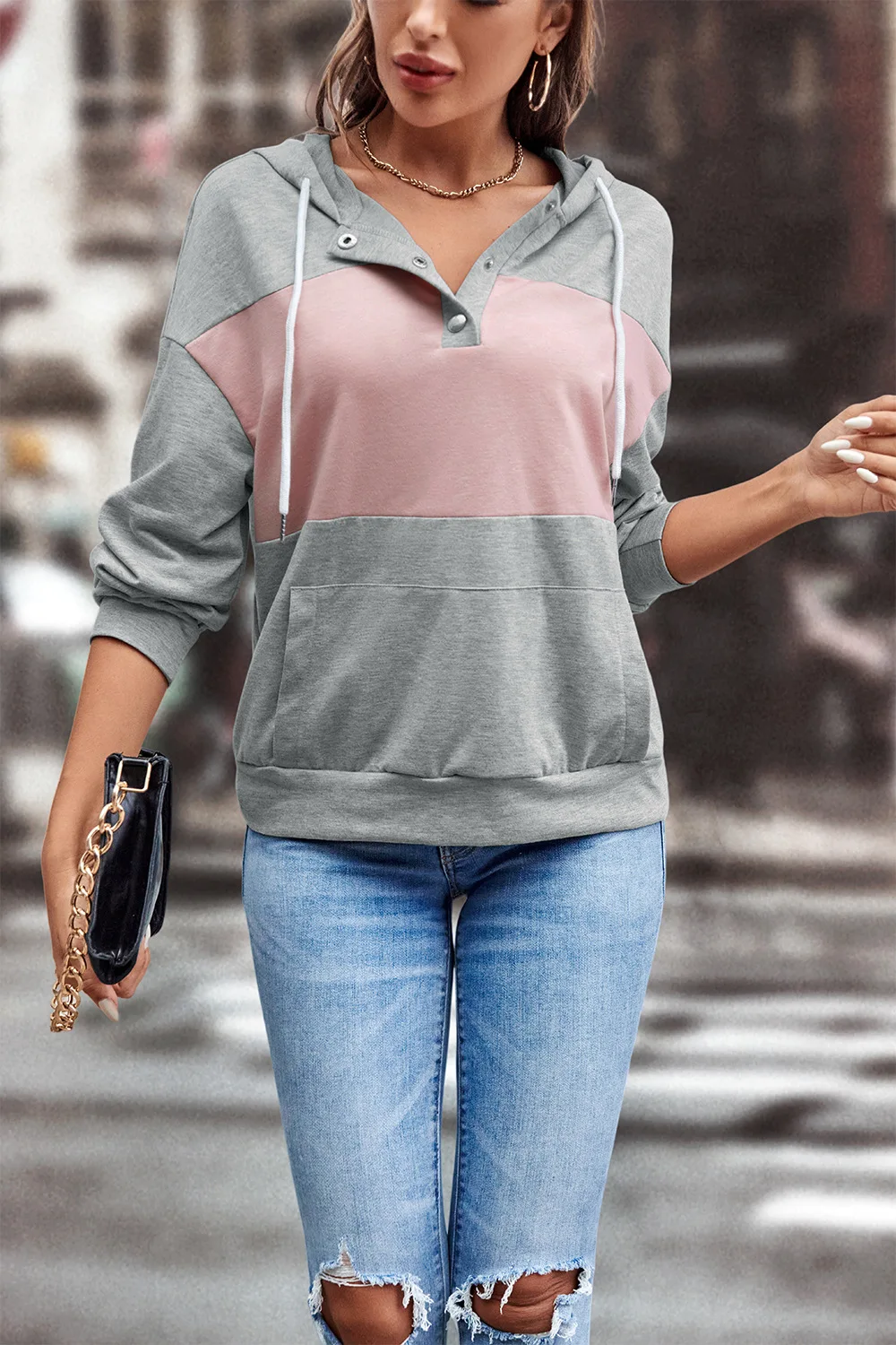 

2022 Autumn Women Sweatshirts Color Patchwork Hooded Pullovers Casual Loose Fashion Winter Female Outwear Hoodies C4265