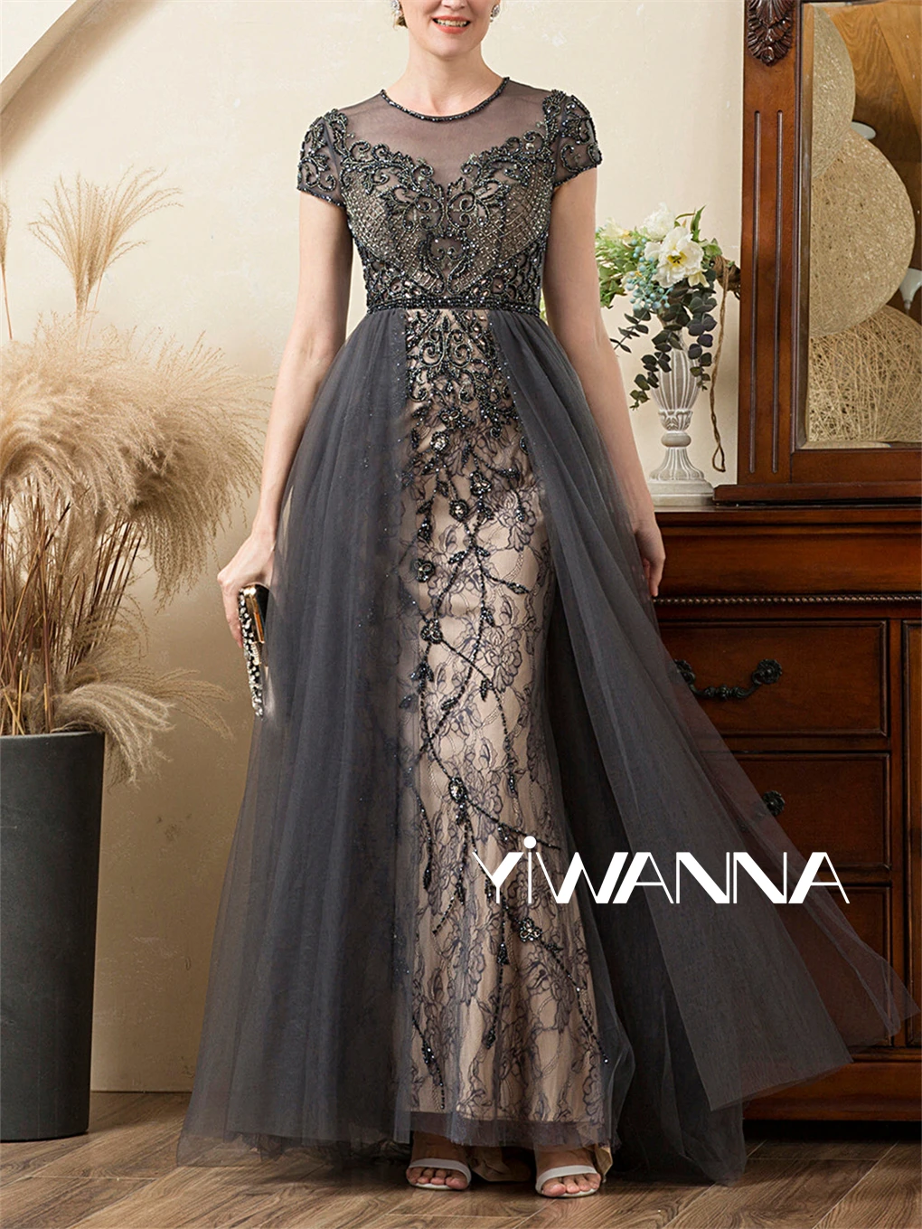 Mulheres Renda Apliques Glitter Tule Bainha Vestidos, Vestidos de Festa de Casamento, Vestido de Baile, Manga Curta, Frisado Mรฃe do vestido da noiva