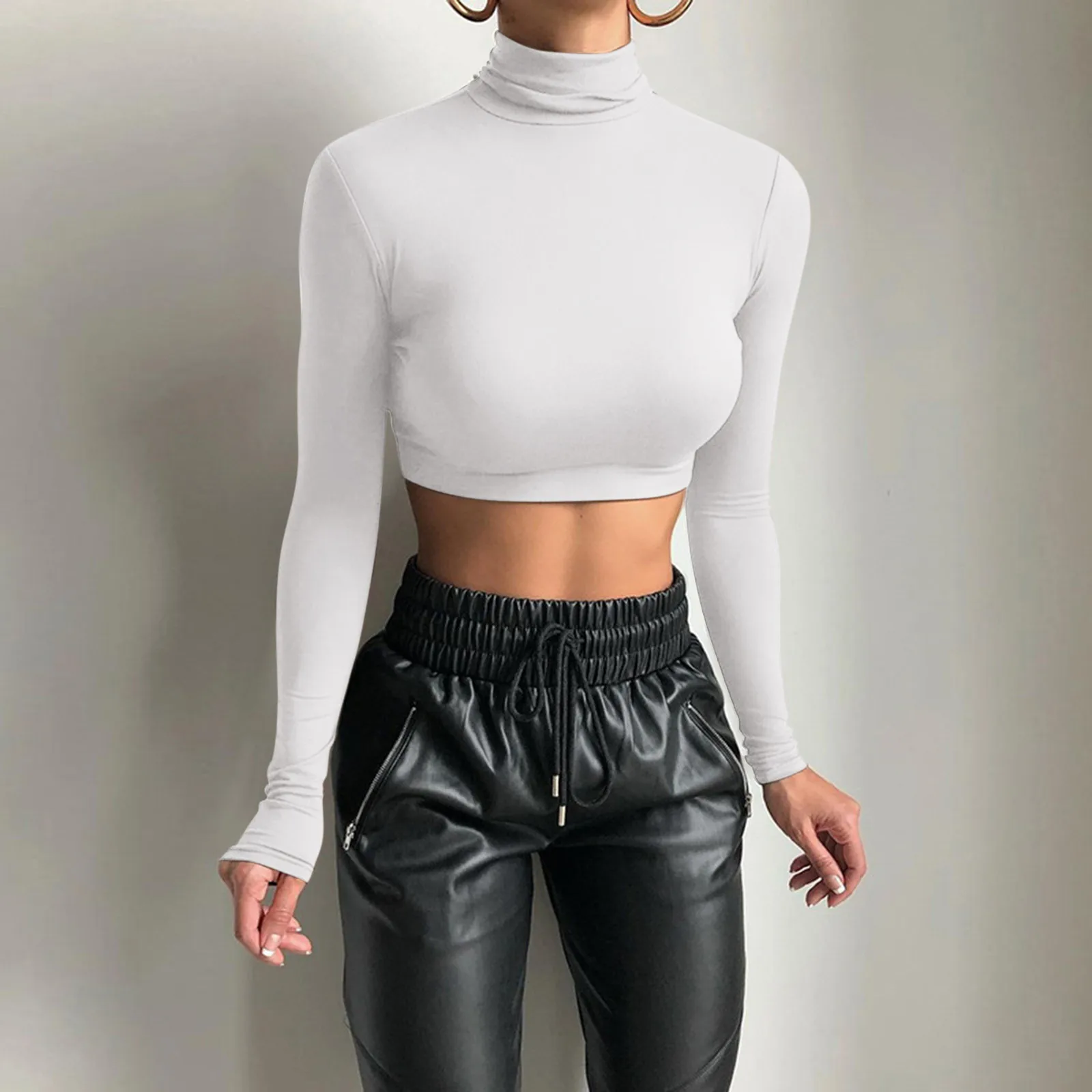 

Basic Cotton T Shirt Women Turtleneck Slim Tshirt Long Sleeve T-shirts Female Casual Elasticity White Tee Shirt Femme Woman Top