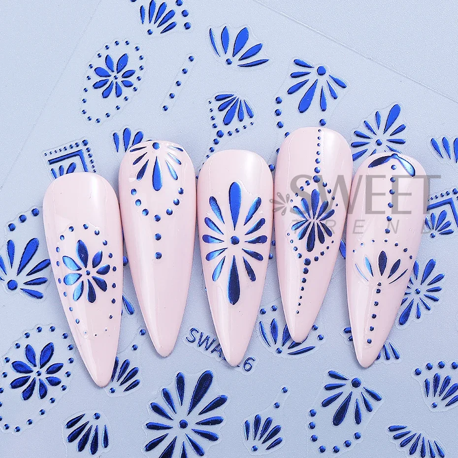 3pcs Bohemian Style Nail Stickers Gold Silver Blue Flower Petals Line Self-Adhesive Boho Nail Decals DIY Manicure Sliders Decor
