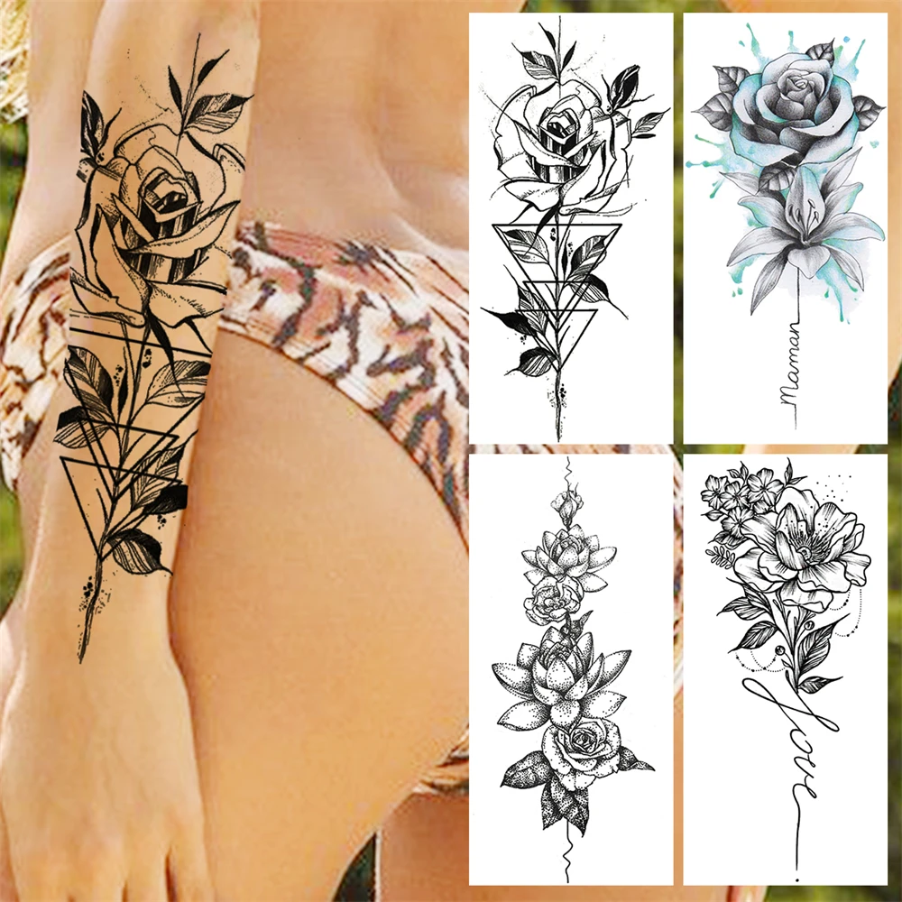 

Black Rose Flower Arm Geometry Temporary Tattoos For Women Adult Girl Lotus Fake Tattoo Sticker Realistic Body Art Tatoos Paper