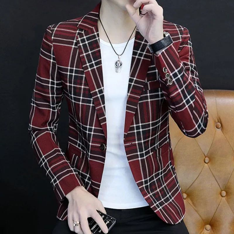 Men's Single Row Suit Buckle Plaid Pattern Suit Top mens blazer