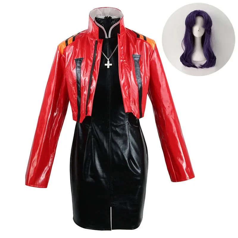 

Anime EVA Misato Katsuragi Cosplay Costume Wig Necklace Women Leather Coat Dress Halloween Carnival Party Outfits