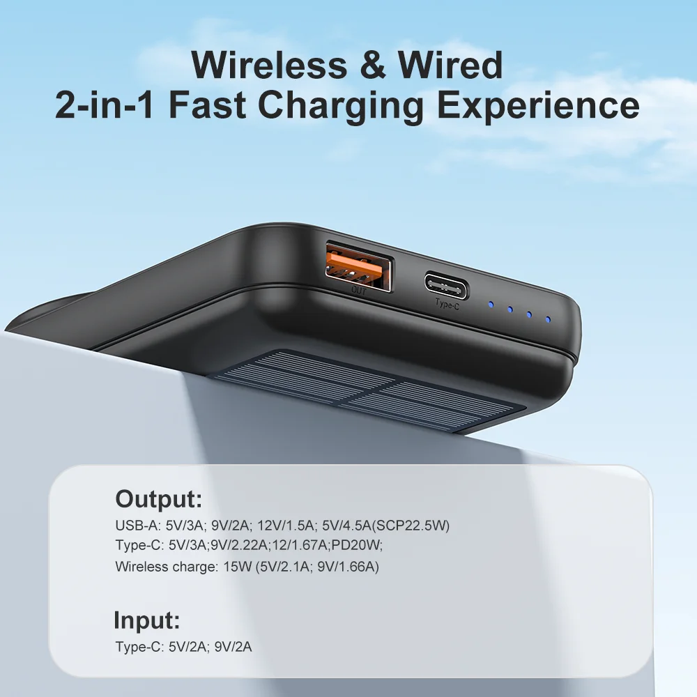 15W Solar Magnetic Power Bank 10000mAh, Wireless Charger w/ USB & USB-C, PD20W Fast Charge, Portable Solar Charger for Phones 4
