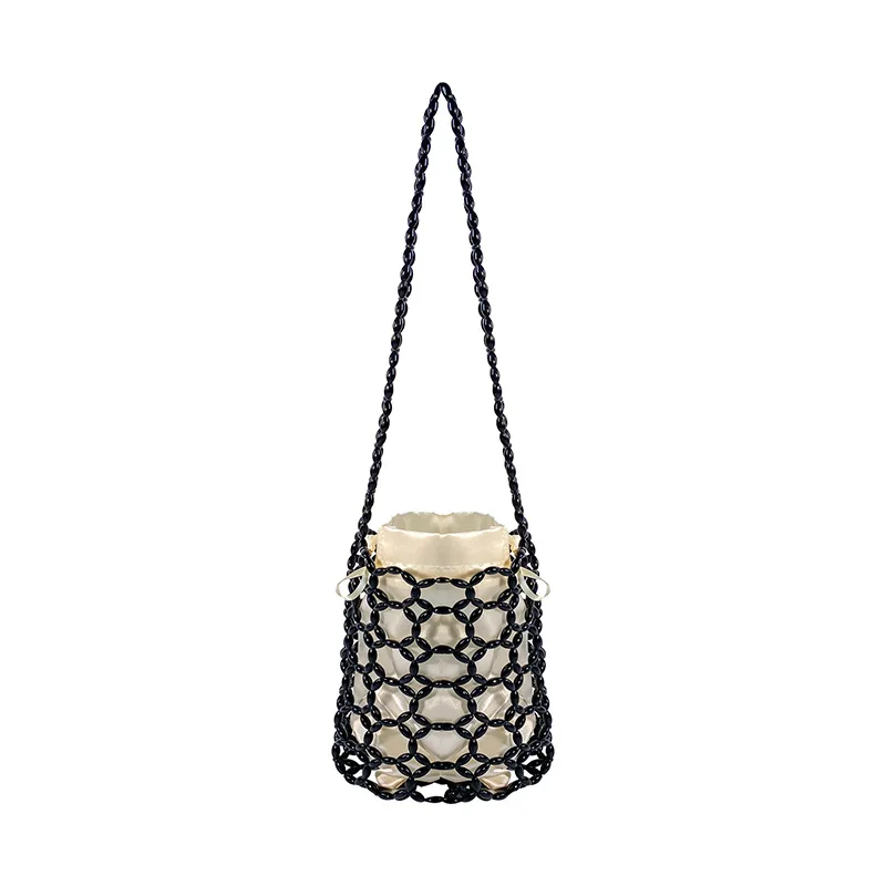 Women Woven Hand Bag Exquisite Hollow-out Wooden Bead Tote Bags Handmade Bucket Shoulder Bag Female Summer Beach Casual Handbag