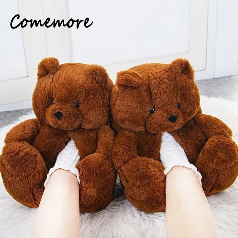 Comemore Cute Cartoon Teddy Bear Plush Cotton Flat Shoes for Girls Warm Bear Slippers Indoor Home Shoe Slides Comfortable Furry