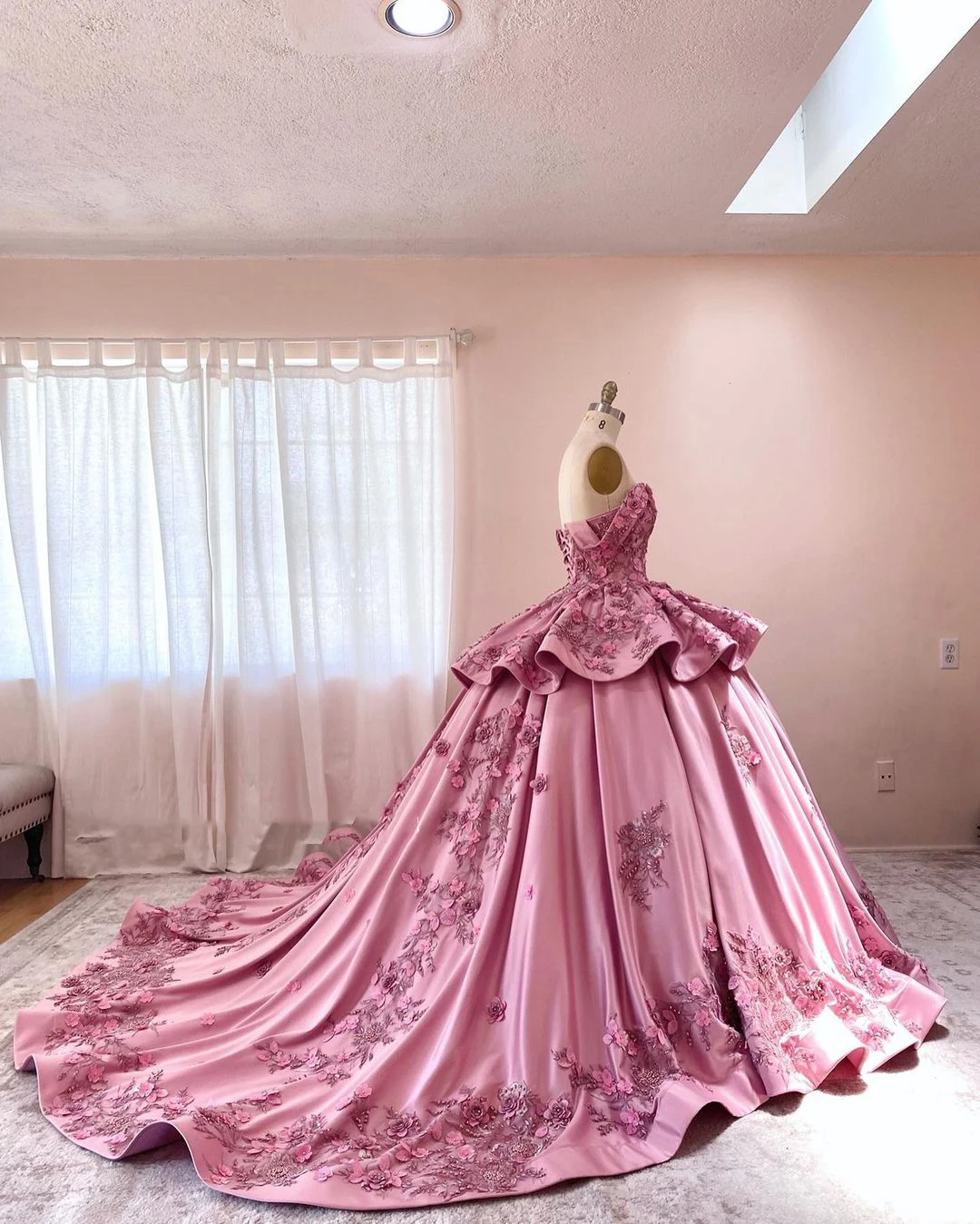 Light Pink Ball Gown Adorned with Beads and Waist Belt|Gowns-Diademstore.com