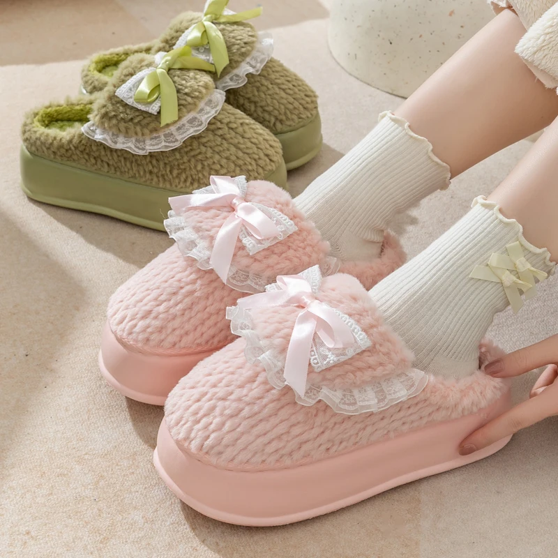 Sweet Bowknot Plush Slippers Women Winter Casual Soft Bottom Fluffy Slippers Woman High Quality Comfortable Warm Slides Female