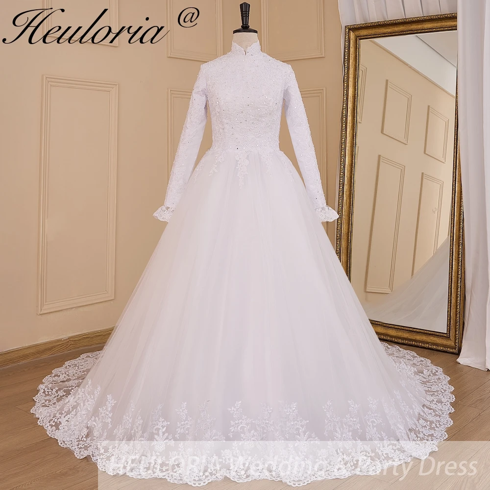 

HEULORIA Muslim Wedding Dress long sleeve bride dress high neck plus size robe de mariee Lace beading Bridal Gown