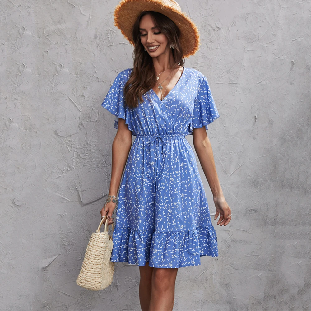 

Sexy Floral Print Summer Dress Women Casual V Neck Butterfly Sleeve Lace Up Ruffles Party Mini Sundress Lady Boho Beach Vestidos
