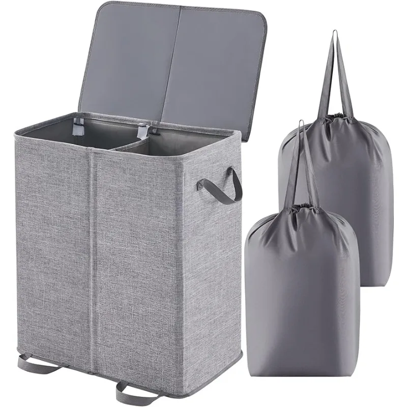

Double Laundry Hamper with Lid and Removable Laundry Bags, Large Collapsible 2 Dividers Dirty Clothes Basket with Handles