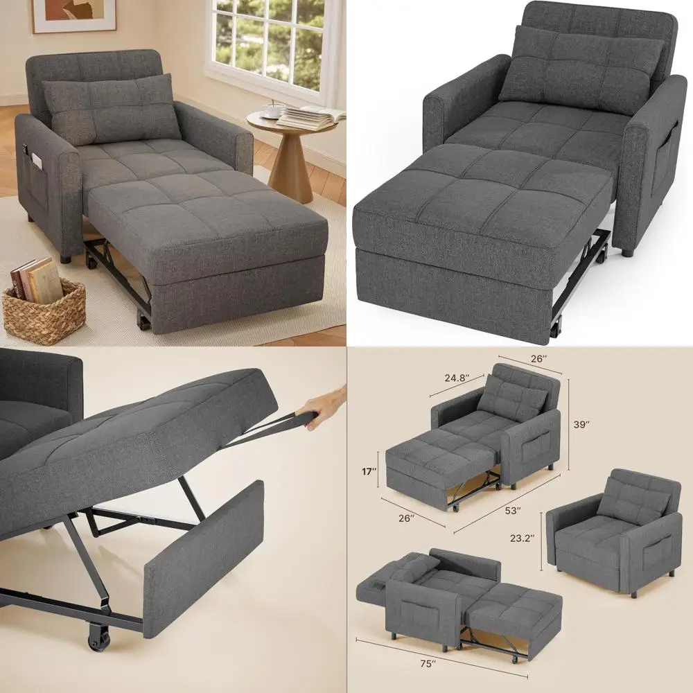 Convertible 3-in-1 Sofa Bed Chair, Pullout Single Sleeper with Adjustable Backrest, Spacious Multifunctional Furniture for Comfo
