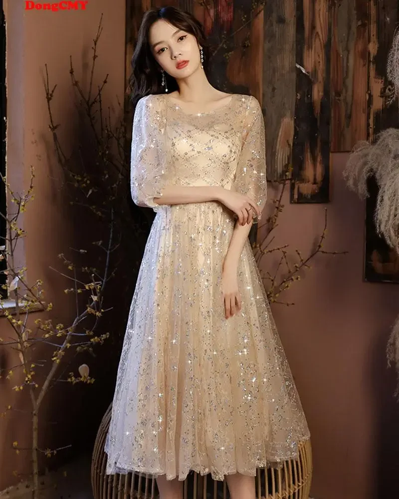 

Hawlife Sequin Tulle Champagne Prom Dress Plus Size Elegant Wedding Evening 005