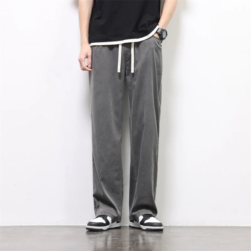 Summer Men Soft Lyocell Fabric Trousers Thin Baggy Straight Wide Leg Pants Drawstring Elastic Waist Korea Jogger Casual Pant