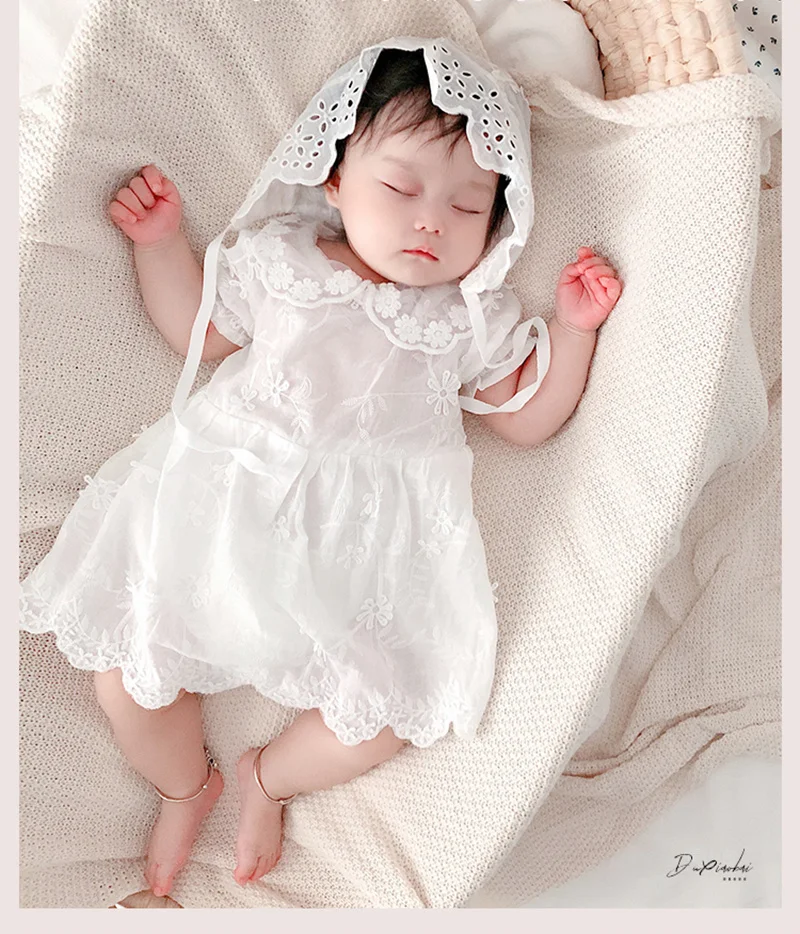 

0-3Yrs Infant Clothes Rompers Summer Newborn Grils Cotton Lace Romper With Cap 2pcs Set Baby Girls Overall White