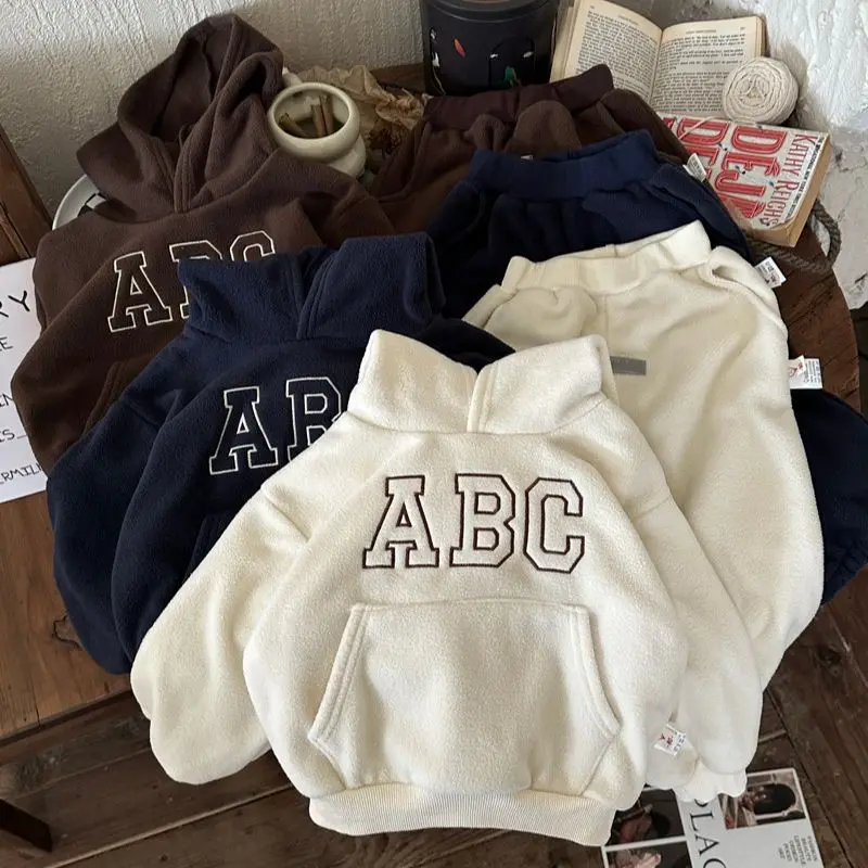 

2023 Korean Autumn Winter Children Boys 2PCS Cotton Loose Thick Pants Suit Embroidery Letter Hoodie Sports Shirt Kids Boy Outfit