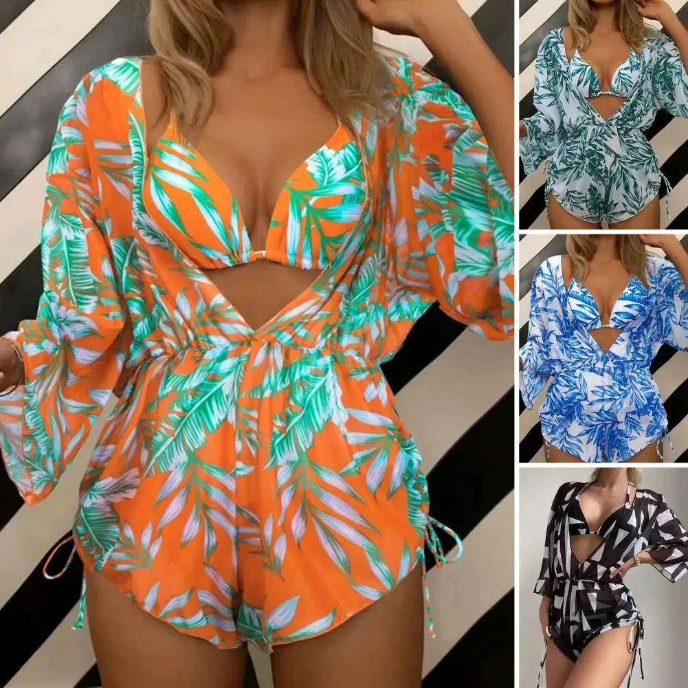 

Комплект бикини женский из 3 предметов, купальная одежда, бюстгальтер с лямкой на шее и принтом листьев, топ + стринги + накидка, ромперы, купальный костюм с высоким вырезом, бикини