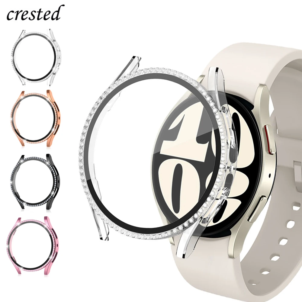 Glass+Case for samsung Galaxy watch 6 accessoires Bling Diamond PC bumper+Screen protector watch6 watch4 watch5 44mm 40mm Cover