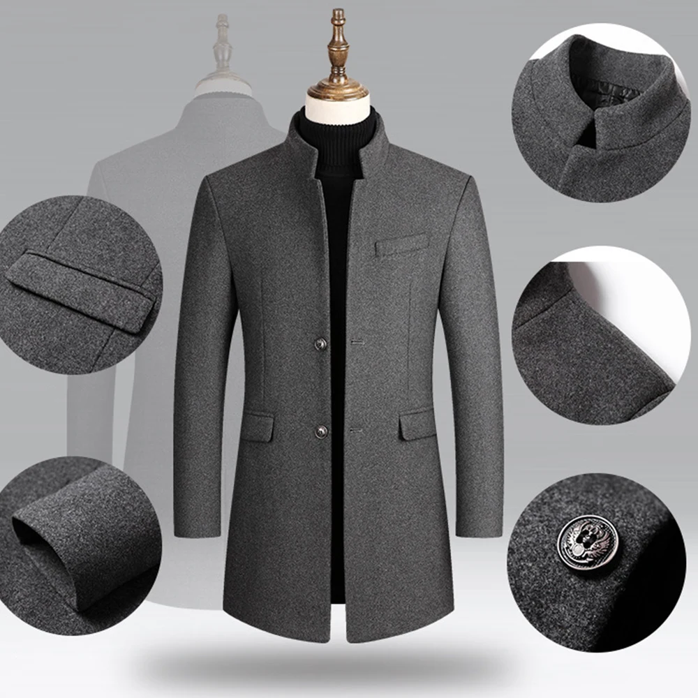 

New Winter Jacket For Men Slim Fit Long Sleeve Cardigans Blends Coat Fashion Suit Solid Mens Long Woolen Coats Windbreaker