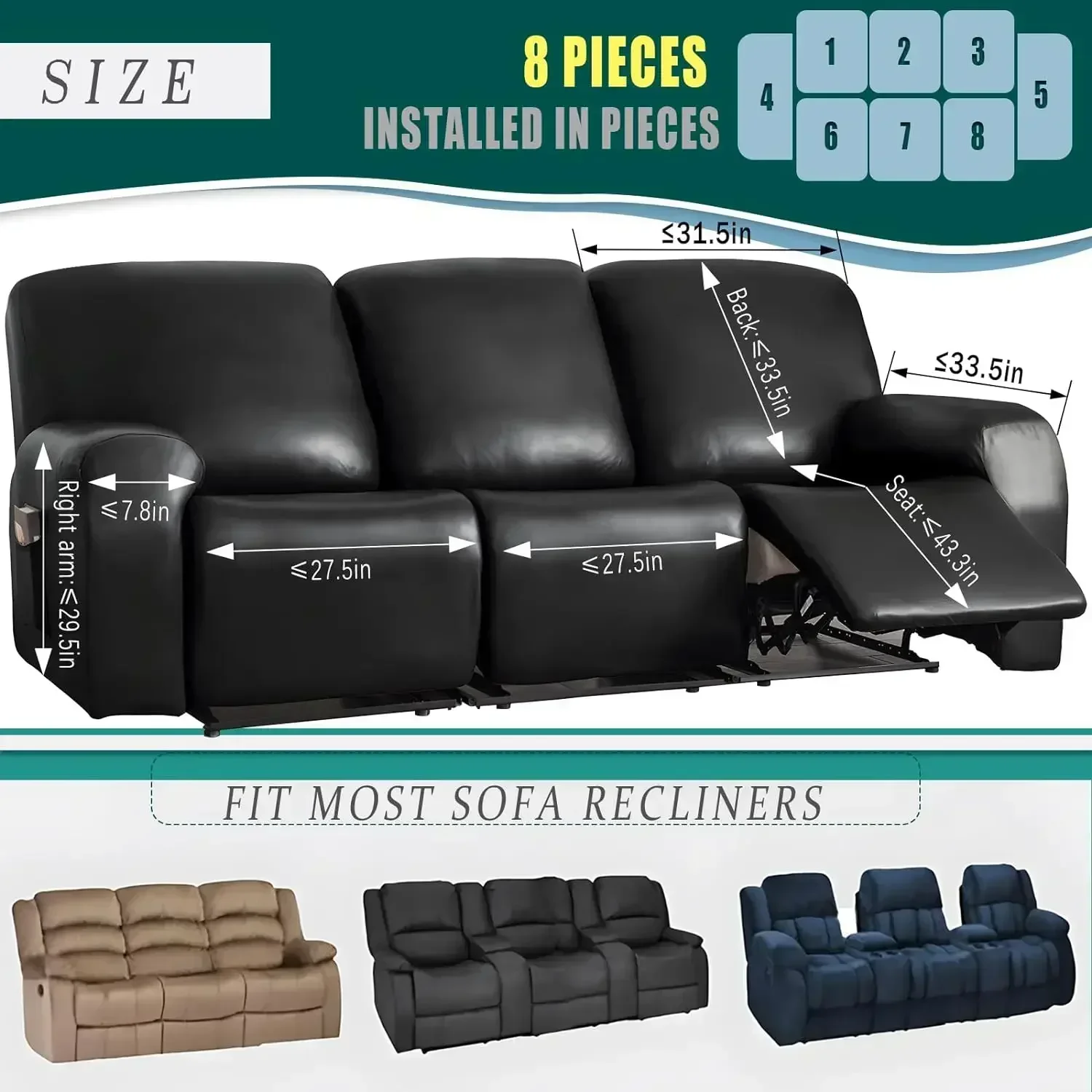 1/2/3 Seat Waterproof Recliner Sofa Cover PU Leather Armchair Cover Solid Color Elastic Relax Single Sofa Slipcovers Home Hotel 4