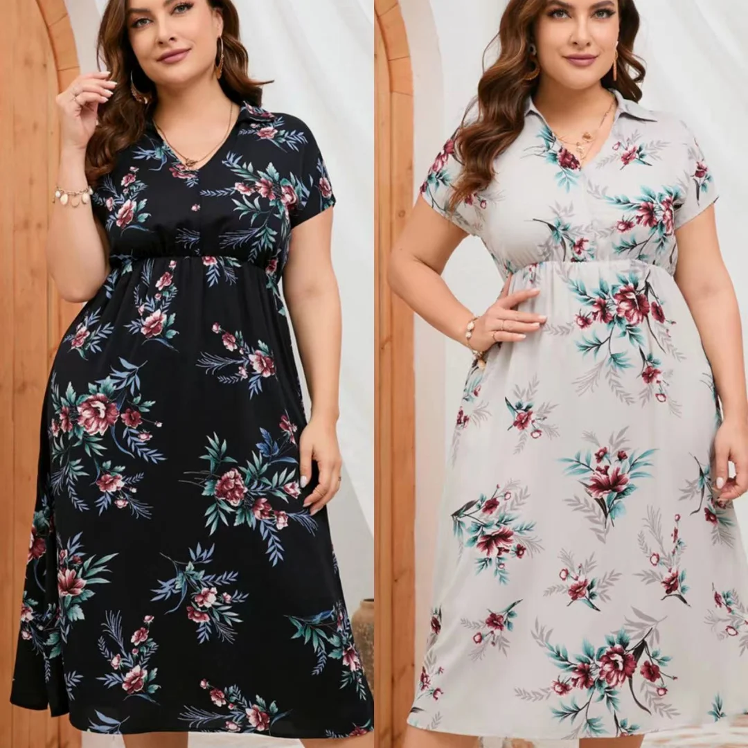 

Large Women Shirt Collar Short Sleeve Side Split Mid Length Dress
