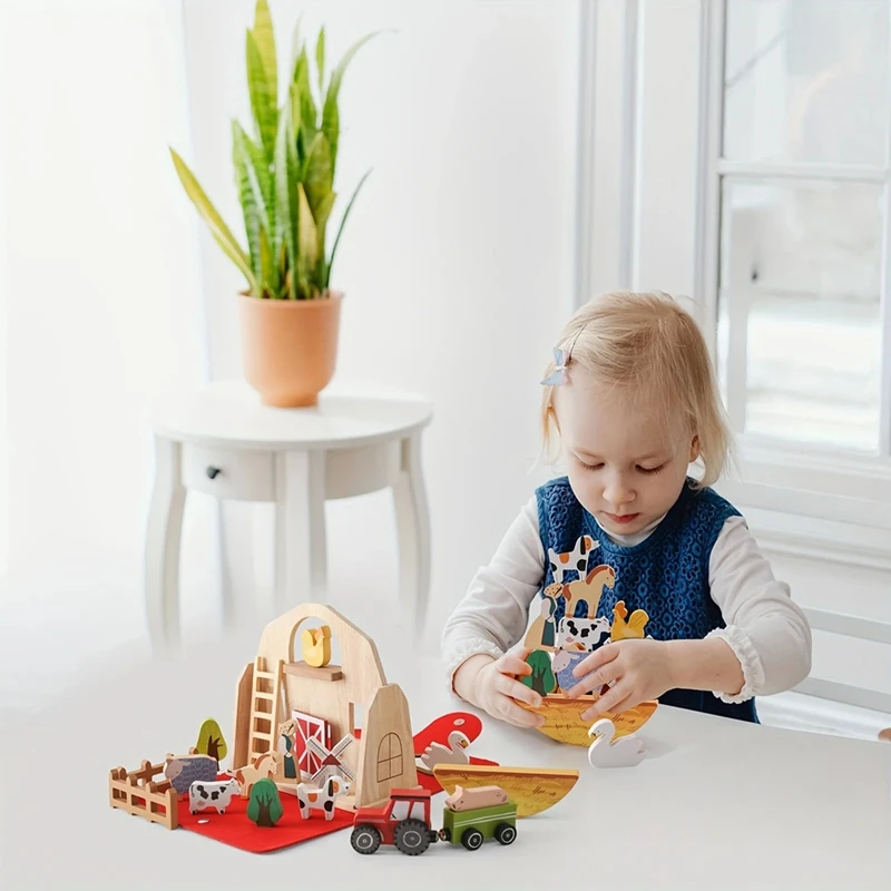 18Pcs Farm Animals Barn Toys Wooden Montessori Stacking For Toddlers Red Barn Toys Farm Pretend Playset Birthday Gift-Y46A