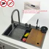 LED waterfall faucet kitchen sink honeycomb anti-scratch nano technology left drain 304 Stainless Steel Large Single basin sinks 2