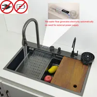 LED waterfall faucet kitchen sink honeycomb anti-scratch nano technology left drain 304 Stainless Steel Large Single basin sinks 2