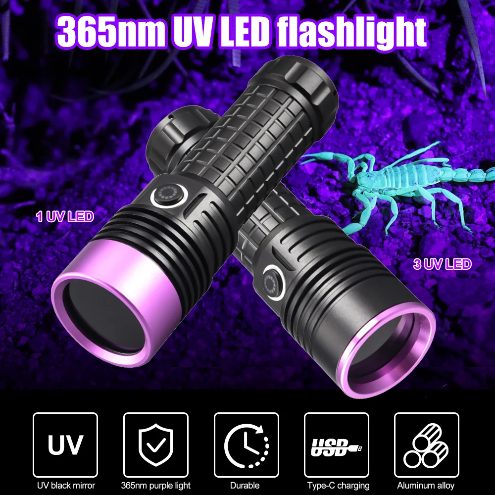 

UV Led Flashlight 365nm Ultra Violets Ultraviolet Lanterna IP65 Waterproof Invisible Torch for Pet Stains Hunting Marker Checker