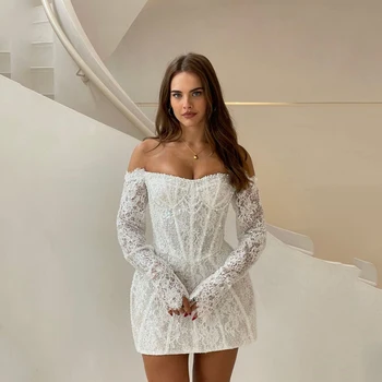 Abiti da sposa corti in pizzo per la sposa, con maniche lunghe staccabili, linea dritta, perle, per matrimoni civici, per feste post-cerimonia, personalizzabili