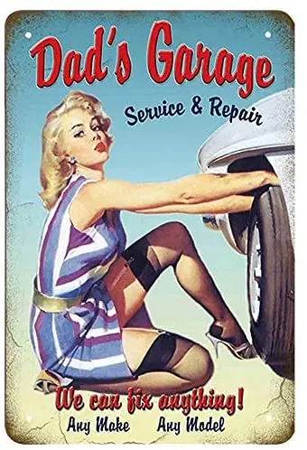 

Dads Garage Tin Signs - Pin Up Girl Service Repair We Can Fix Anything Vintage Metal Tin Sign - Wall Decor for Bars, Restaurants