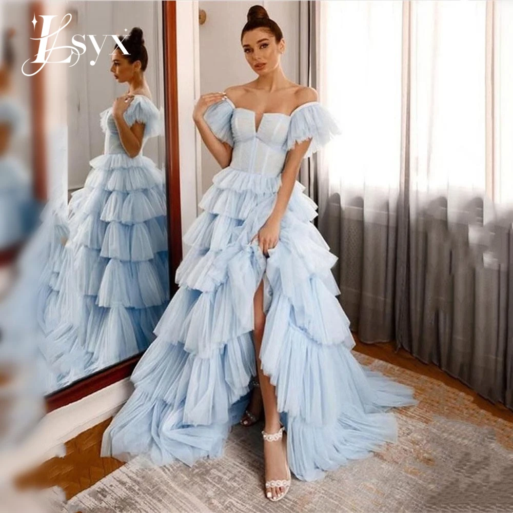 

LSYX Baby Blue Off The Shoulder Sweetheart Prom Dress Multilayer Floor Lenght Party Dress Princess A-line Prom Gown