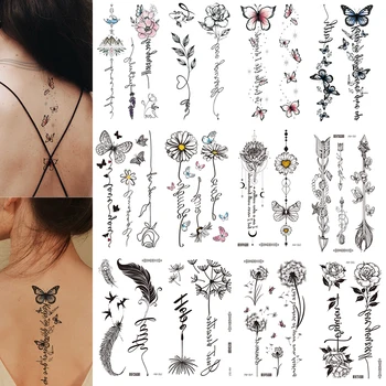 Eleganti tatuaggi temporanei floreali per donne - 6 fogli body art impermeabile (disegni rosa, farfalla, piume) - Tat finto braccio posteriore