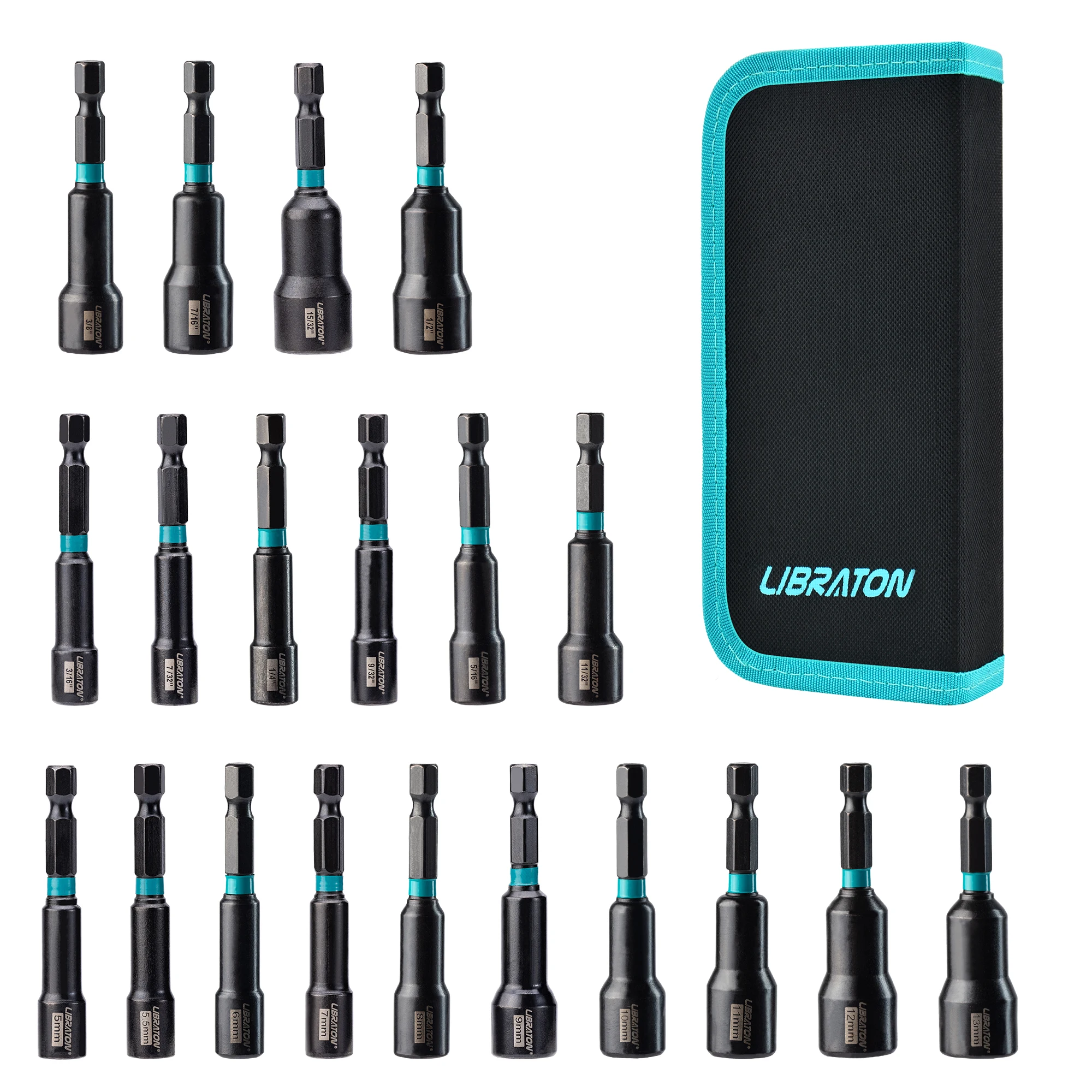 Libraton Metrisches und SAE-Magnetmutternschrauber-Set, 20-teilig, 5–13 mm und 3/16–1/2 Zoll Mutterschrauber für Schlagbohrschrauber, einfache Aufbewahrung