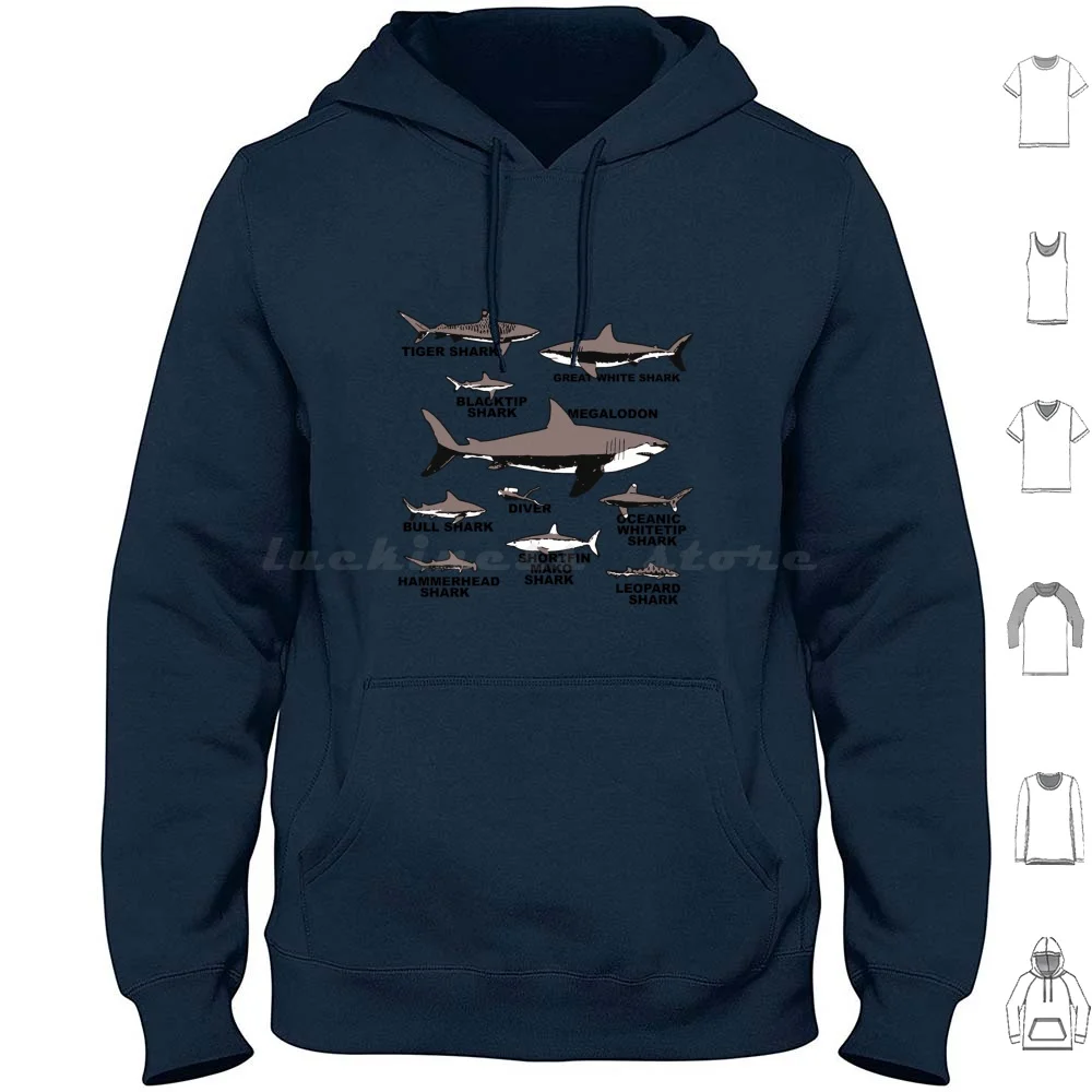 9 Tipi Di Squali Accademico Oceano Regalo | Megalodon, Tigre, Toro E Grande Squalo Bianco Regalo Felpa Con Cappuccio In Cotone Manica Lunga Squalo