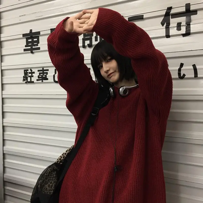 Red Christmas Sweater for Men and Women Solid Color Loose Korean Style All Match Round Neck Pullover Couple Christmas Sweater