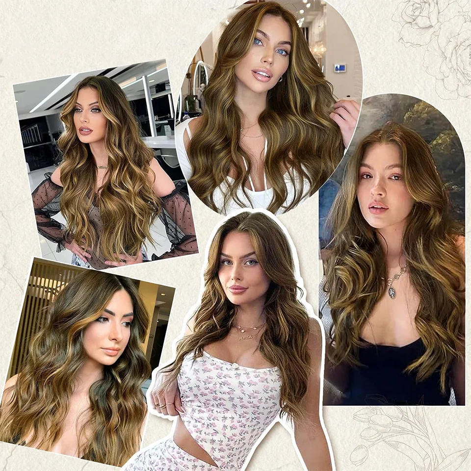 Gladys 320G 13x4 Highlight Body Wave Transparent Lace Front Wigs 30 Inch Ombre Brown Loose Wave Synthetic Hair Daily Life Wigs 5