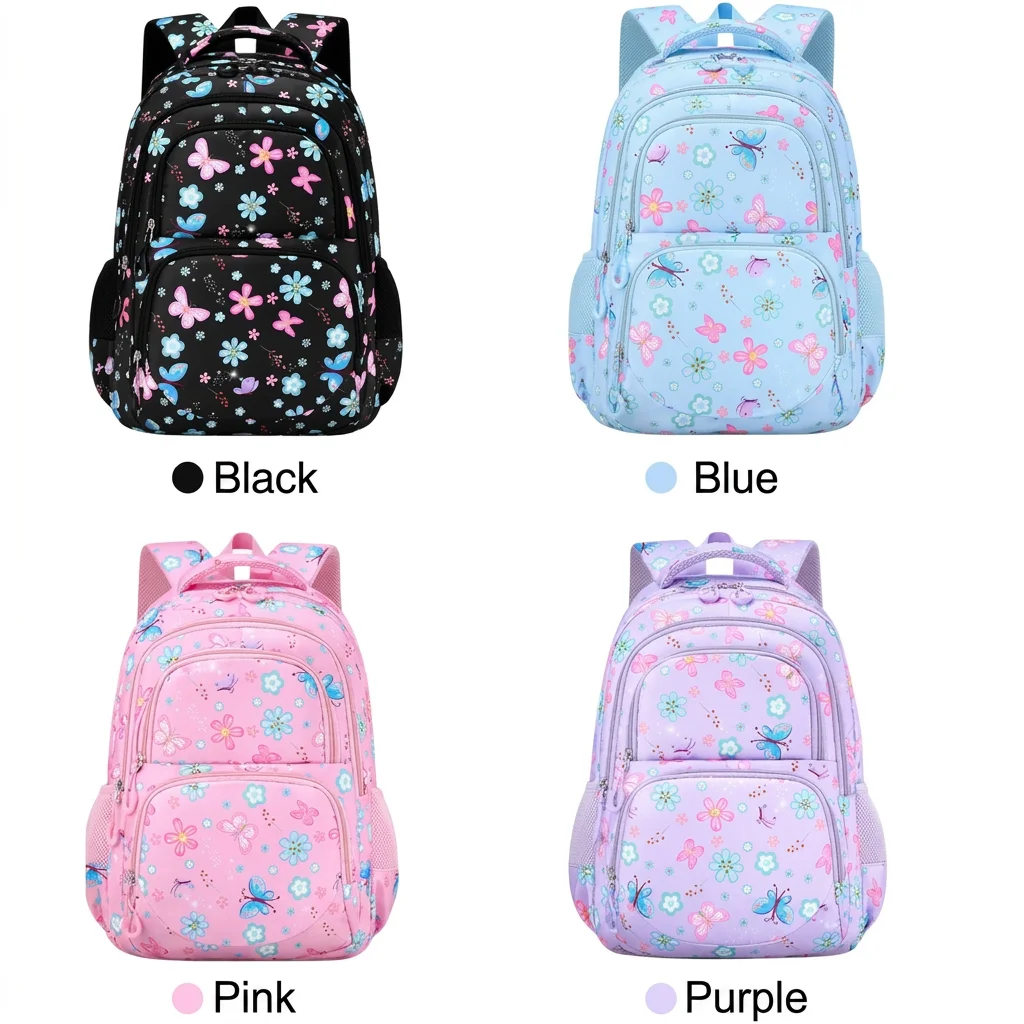 3-Piece Kids School Bag Set Butterfly Flower Print Water Resistant Lightweight Backpack With Insulated Lunch Bag Pencil Case 1
