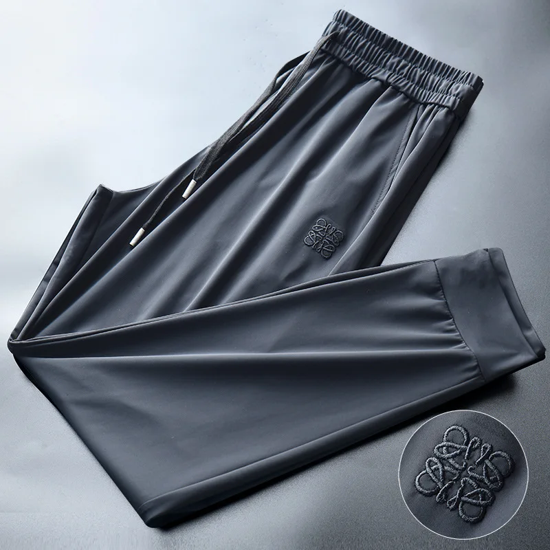 Men's Summer Slim Fit Ice Silk Casual Sports Pants 9-Minute Trousers Trendy Brand Sweatpants