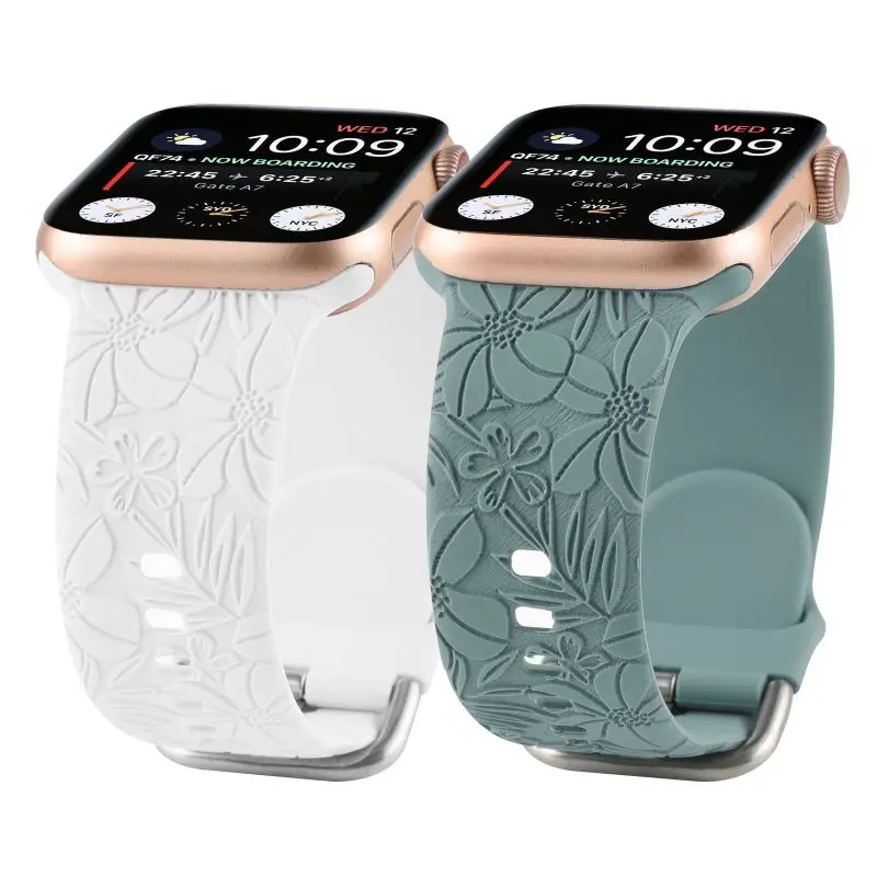 

Silica Gel Strap For Apple Watch Band 40mm 42mm 49mm 41mm 44mm 38mm 45mm Floral Engraved Wristband for iWatch Series 9 7 8 SE 6