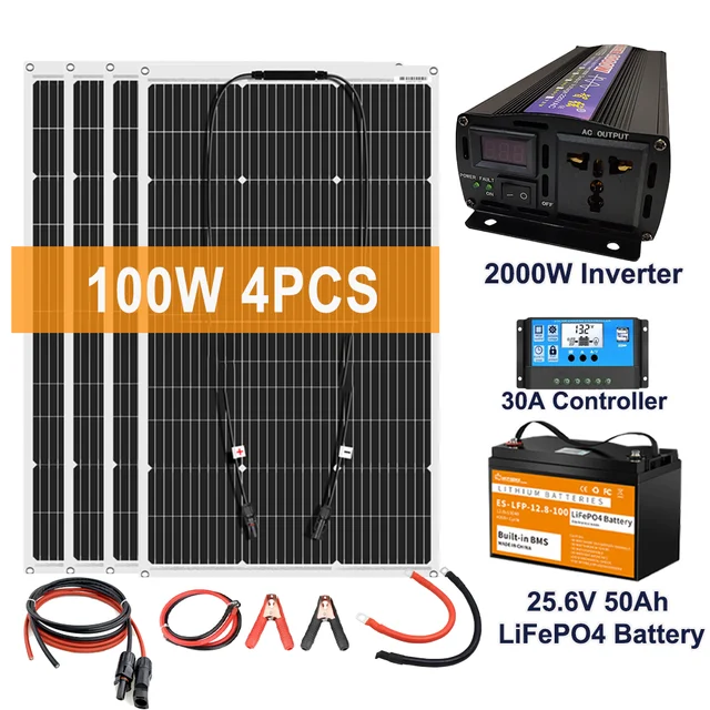 Système de panneaux solaires avec contrôleur de charge et onduleur à onde  sinusoïdale modifiée, kit de production d'énergie, panneau solaire 220V,  18V, 100W, 30A, 4000W - AliExpress