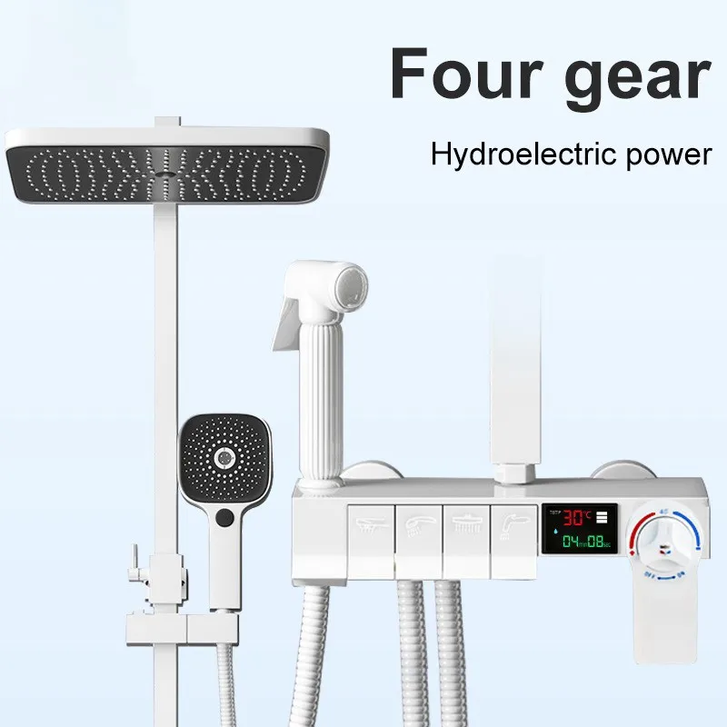 

Bathroom All Copper Gray / Black White Electroplating Gold Keys Digital Display Thermostatic Four-Speed Shower Set