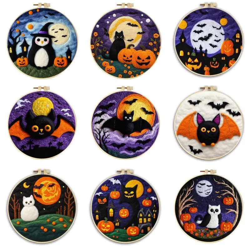 CHENISTORY DIY Wool Needle Felt Halloween Pumpkin bat Cat Needle Felting Painting Decorative Frame Used for Home Decor 20x20cm