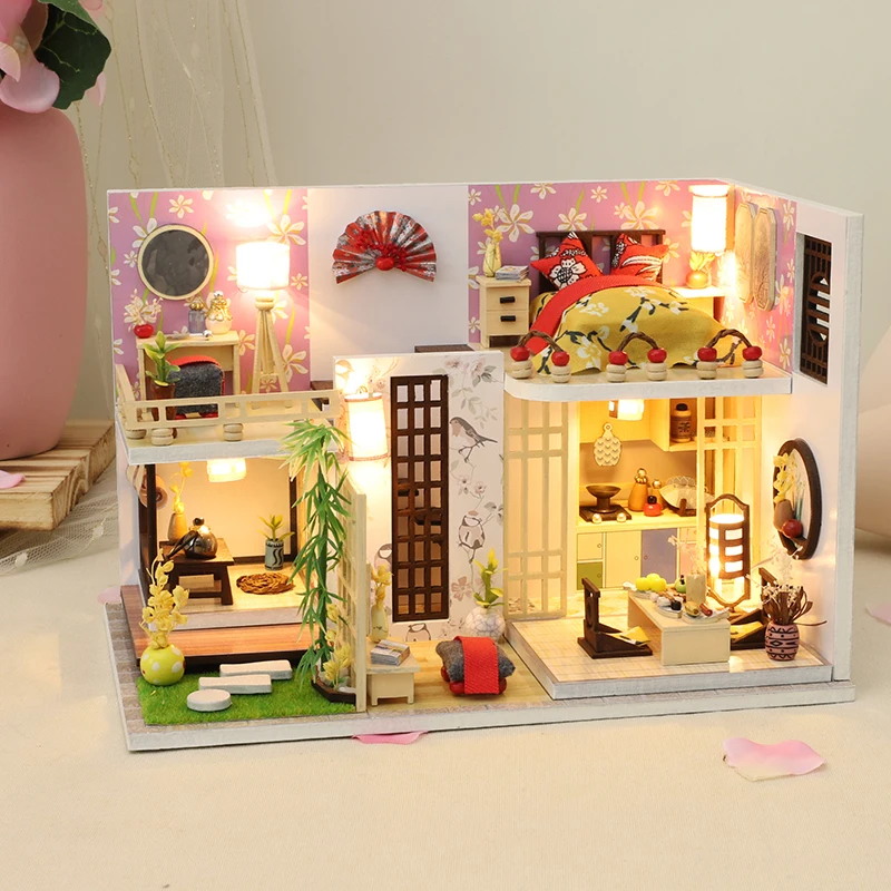 DIY木製ドールハウス日本のカサミニチュアキット家具付き人形家の
