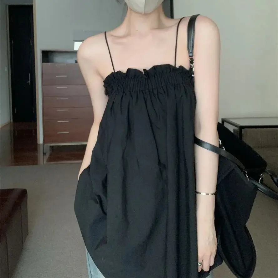 

Sling Summer Blouses babydoll camisole women's summer black loose Thai mid-length top worn outside Tops