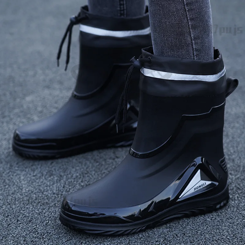 Rain Shoes Men's Drawstring New Waterproof Shoes Outdoor Waterpoor Boots Fishing Anti Slip Work Rubber Rain Boots