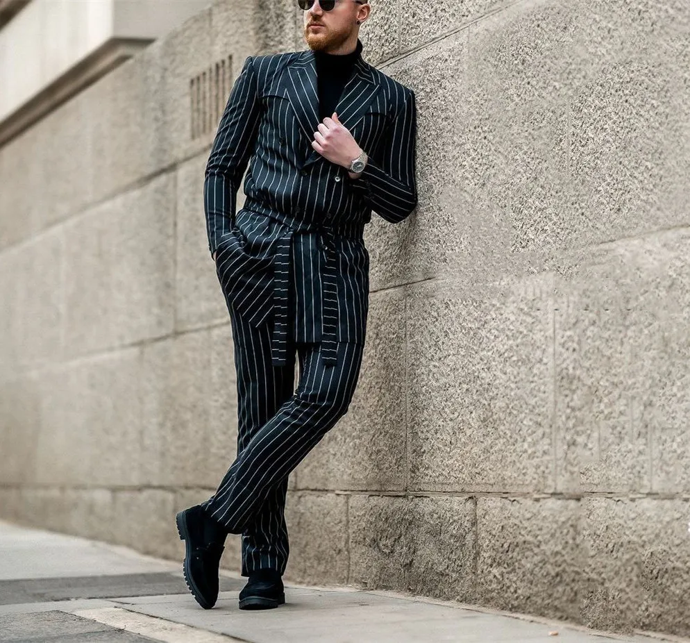 Black Men's Suits Tailored 2 Pieces Blazer Pants Peaked Lapel Double Breasted With Belt Wedding Stripes Custom Made Plus Size